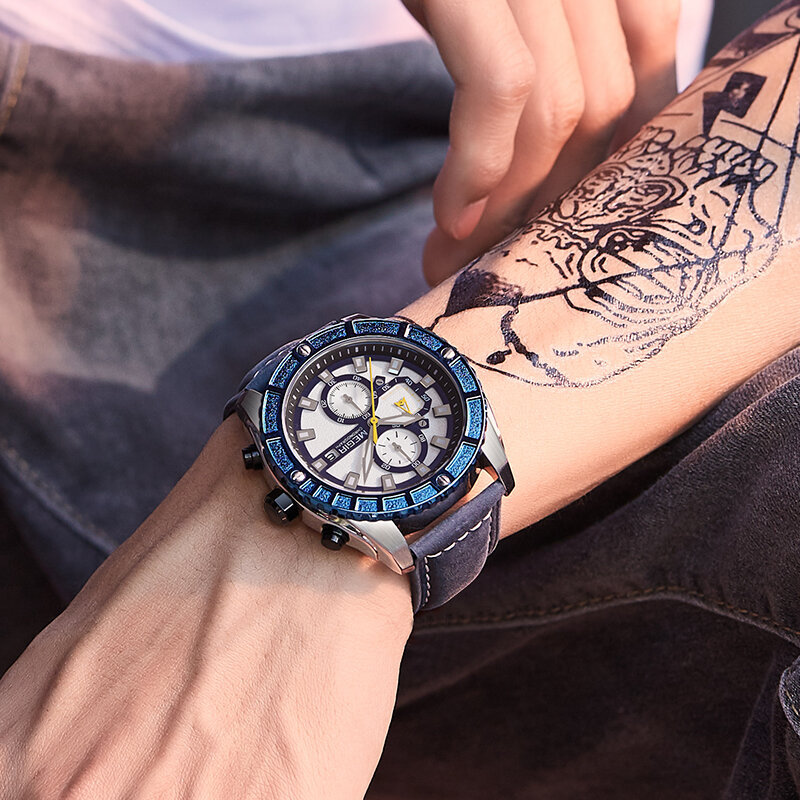 MEGIR männer Blau Sport Uhren mit Leucht Wasserdichte Uhr für Männliche Datum Leder Chronograph Armbanduhren Reloj Hombre 2021