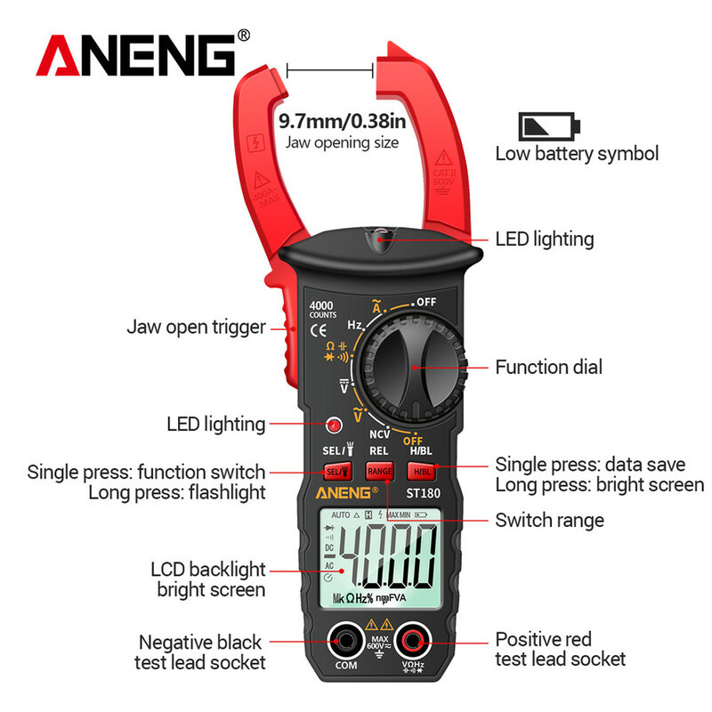 ANENG ST180 4000 Counts Digital Clamp Meter AC Saat Ini Multimeter Ammeter Voltage Tester Mobil Amp Hz Kapasitansi NCV Alat Ohm