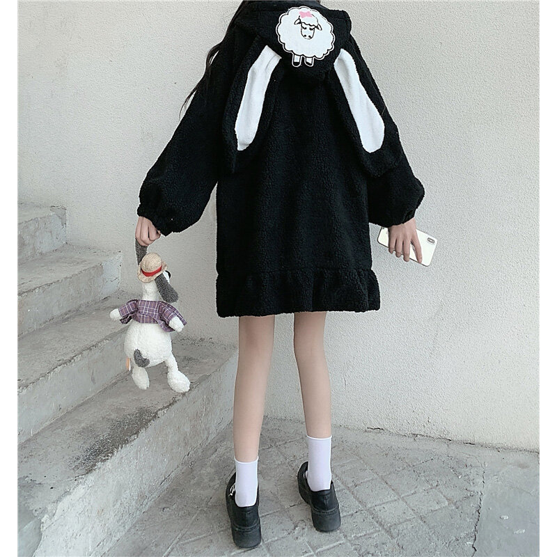 Abrigo largo Midi con capucha para mujer, prenda de manga larga con orejas de conejo, estilo Kawaii Lolita, con cremallera, Estilo Vintage