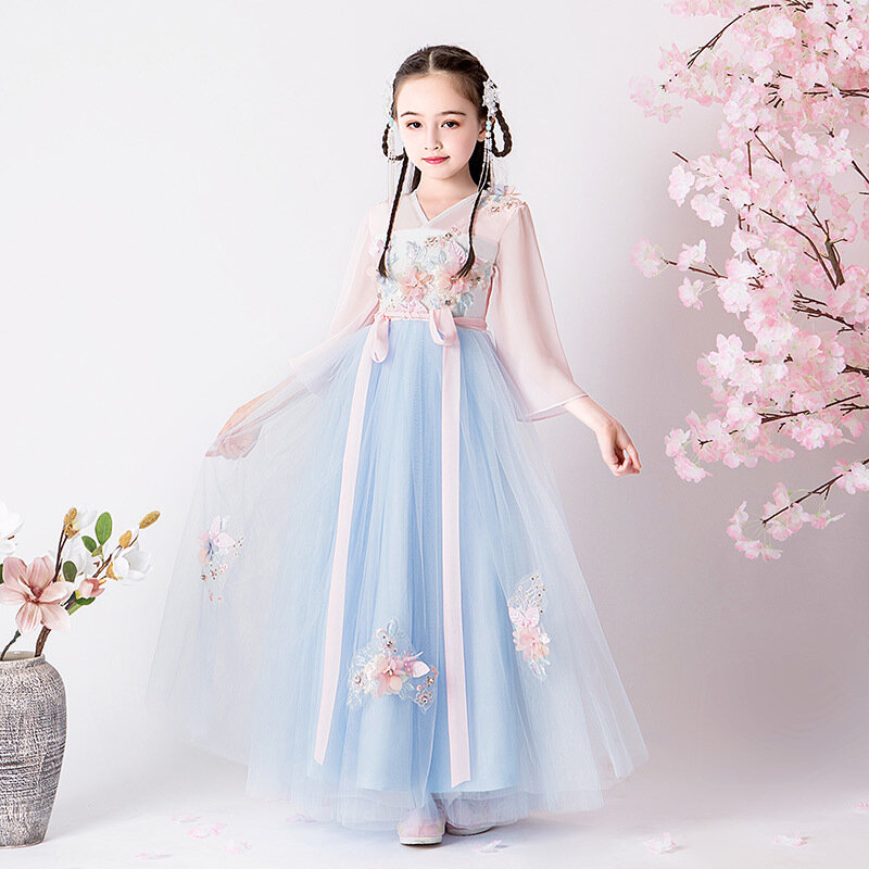 Hanfu estilo antigo, estilo chinês palco super saia fada, vestido de fada infantil