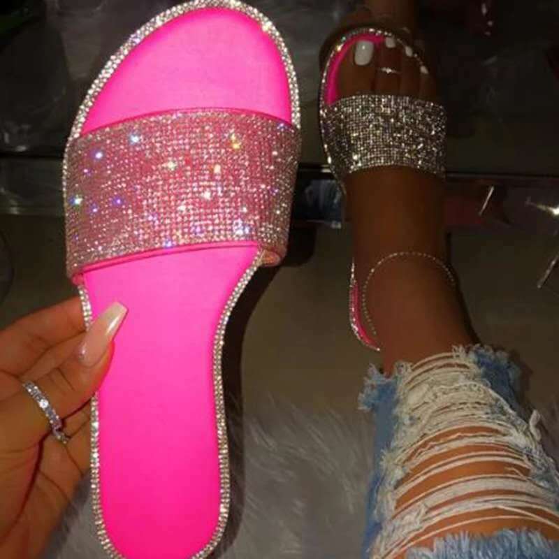 Letnie sandały damskie Bling pantofle damskie kryształowe slajdy płaskie brokatowe sandały gladiatorki buty na plażę damskie Sandalia Feminina