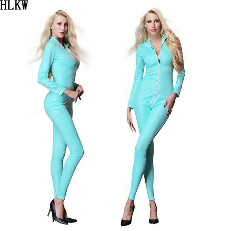 3 Colors Fashion Sexy Women Leather Bodysuit Long Sleeve Zipper Skinny Pants Bodycon Jumpsuit Lingerie Catsuit Playsuit Rompers