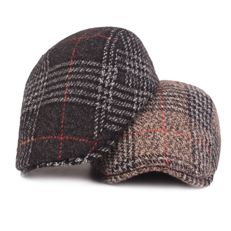 Men Winter warm Cap Plaid Newsboy Hats Berets Wool Flat Ivy Cap Classic Vintage Striped Beret Cap