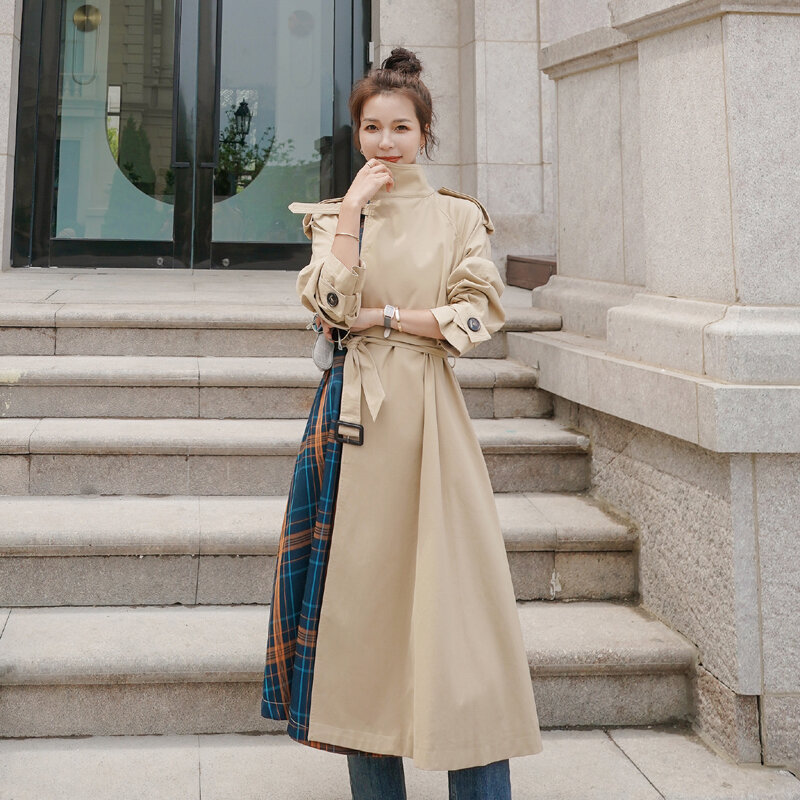Windbreaker หญิงคอนทราสต์สีเย็บสไตล์เกาหลี2022ฤดูใบไม้ผลิฤดูใบไม้ร่วงลำลอง Long Trench เสื้อผู้หญิงเสื้อผ้า