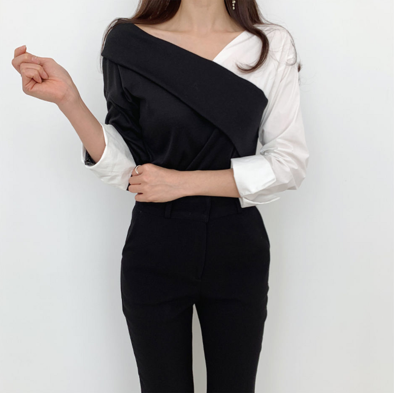 Moda nova preto e branco contraste costura irregular ombro fora do ombro sexy blusa