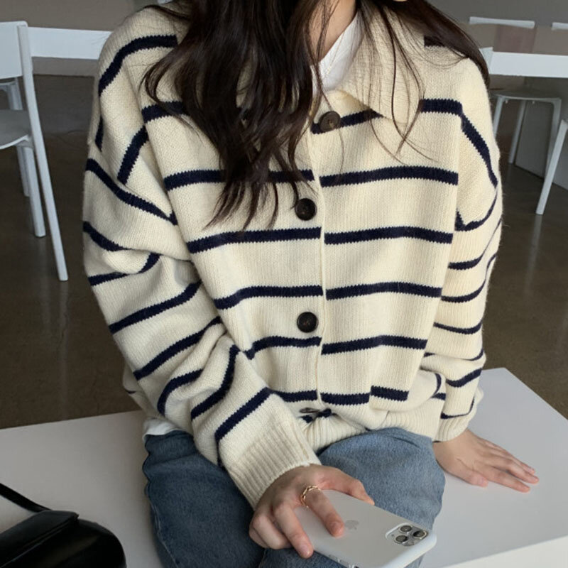 Coreano cardigan camisola feminina outono chique simples lapela preguiçoso único breasted stripe manga comprida de malha