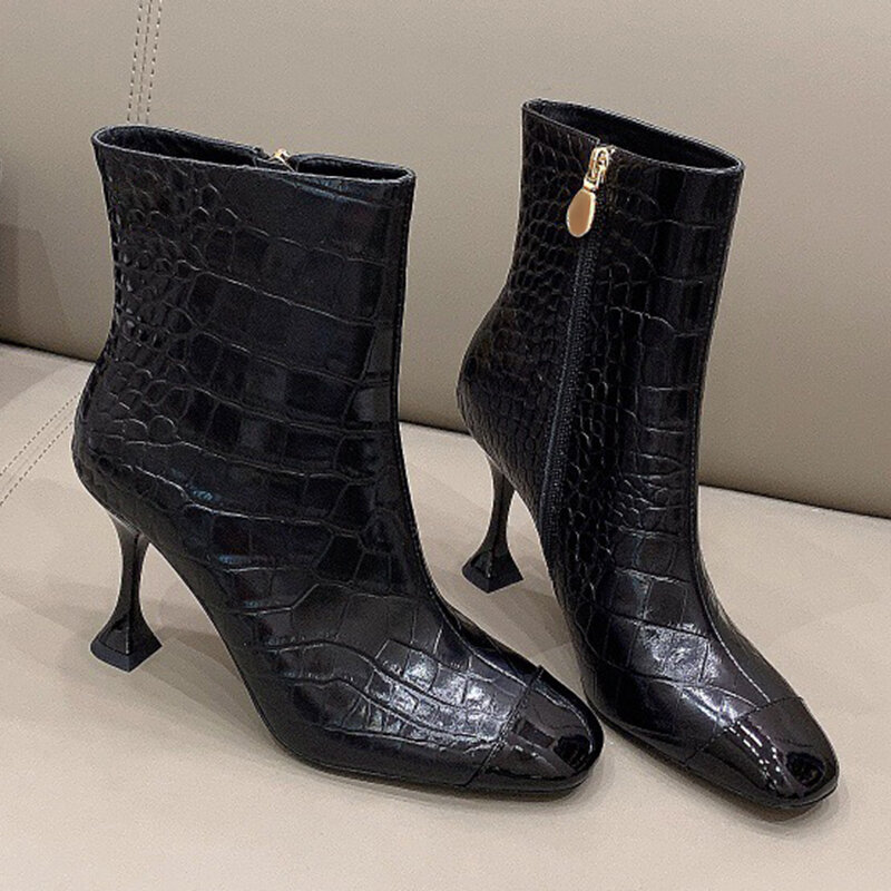 Ollymurs New Fashion Super High Heels Boots Brand Design Autumn Winter Square Toe Leather Women Shoes Ankle Zip Female Boots