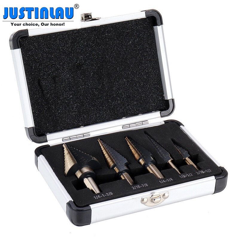 JUSTINLAU 5pcs/set HSS Step Drill Bit Set Hole Cutter Drilling Tool Multiple Hole 50 Sizes with Aluminum Case