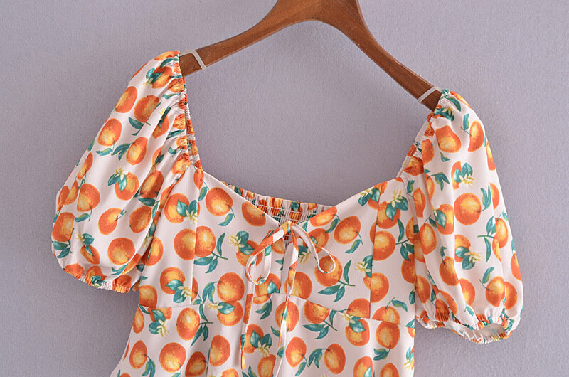 Camisa adelgazante con mangas abullonadas ajustadas y cuello cuadrado corto para mujer, tirantes con estampado de frutas, novedad de verano de 2021
