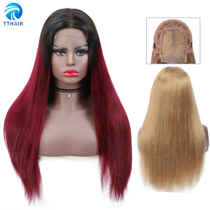 TTHAIR Closure Wig Straight 4x4 Lace Closure Wig Ombre Human Hair Wigs Transparent Lace Wig Brazilian Remy Colored Burgundy Wigs