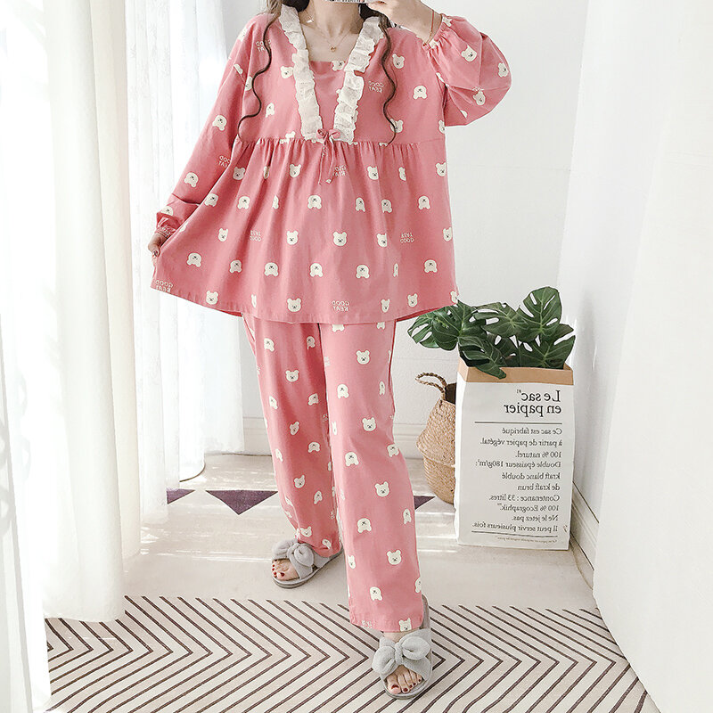 Japanese Style Bear Sweet Knitted Cotton Home Wear Fat Sister mm Princess Lace Spring and Autumn Slimming plus Size Pajamas for