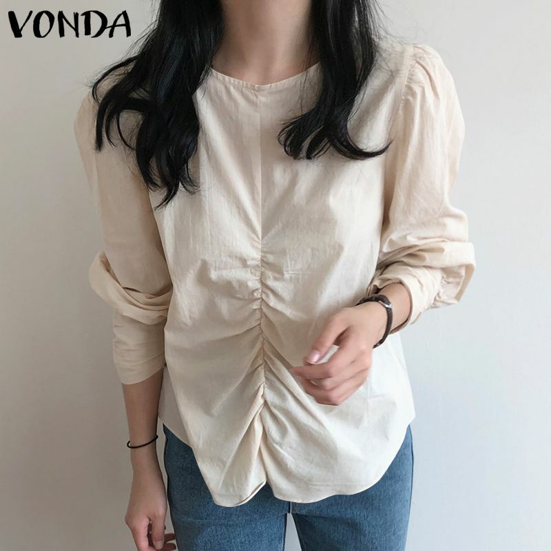 Однотонная блузка VONDA 2022, женские повседневные топы с длинным рукавом, Сексуальная вечерняя блузка с пышными рукавами, женские блузки больш...