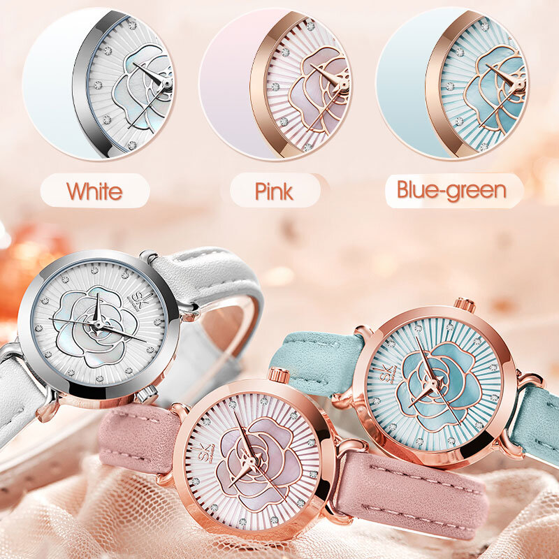 Fashion Horloges Vrouwen Quartz Horloge Roze Lederen Band Diamant Elegante Armband Horloges Vrouwen Bloem Kleine Wijzerplaat Montre Femme