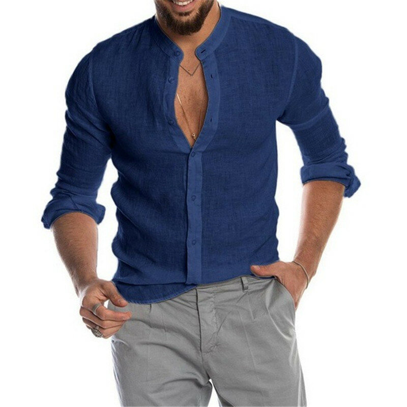 Yvlvol-Blusa informal de lino y algodón para hombre, camisa holgada de manga corta, para primavera, otoño y verano