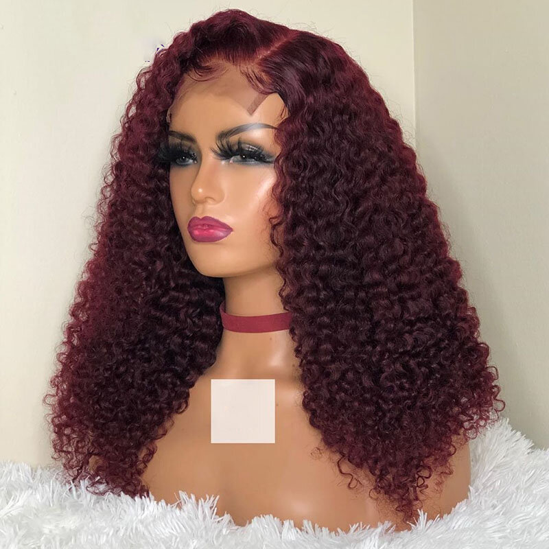 Middle Part Brugundy 180% Density Kinky Curly Lace Front Wig Synthetic For Black Women Preplucked 26 Inch Long Babyhair 99j Soft