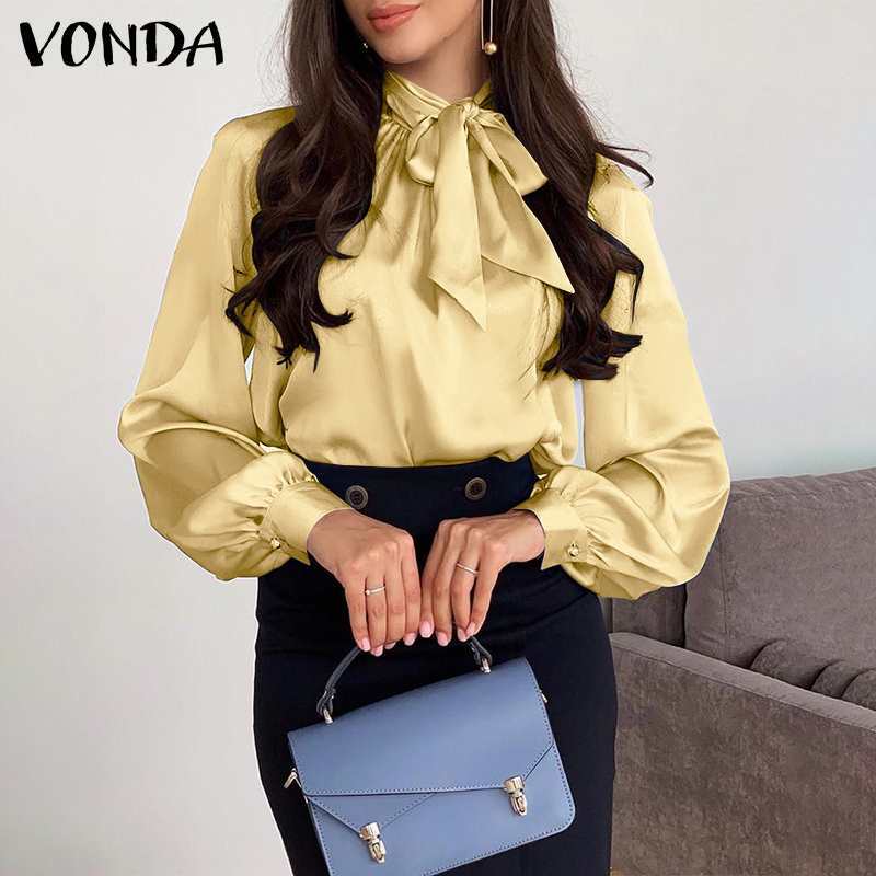 Mulheres blusa de cetim elegante lanterna manga cor sólida plissado topo 2022 vonda feminino alta pescoço botão até camisas das senhoras do escritório