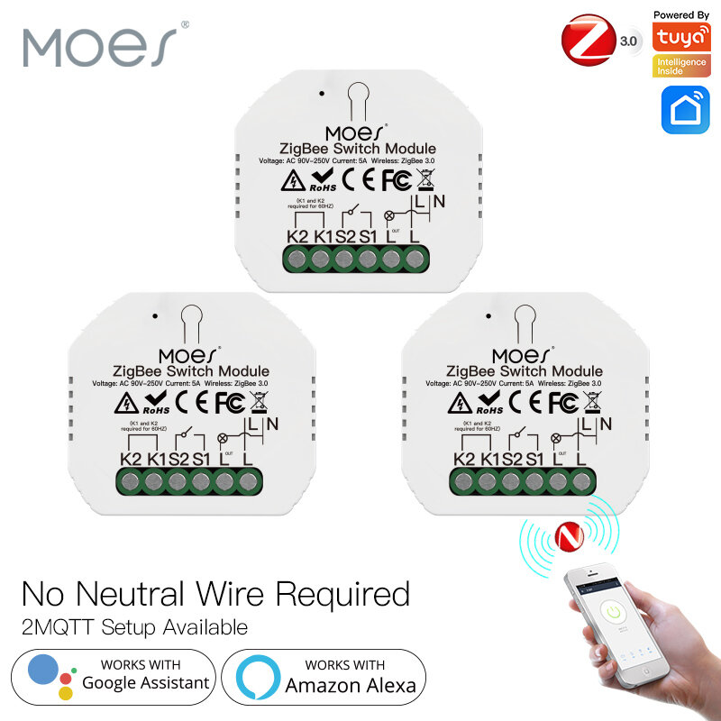 2MQTT Tuya ZigBee สวิทช์สวิทช์โมดูลไม่มี Neutral Wire เดี่ยว Fire Smart Life App Control ทำงานร่วมกับ Alexa google Home