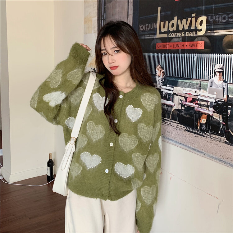 Wanita Mohair Rajutan Kardigan Lembut Hati Mutiara Applique Manis Sweter Mantel Rajutan Wanita Baru Musim Dingin Kasual Streetwear