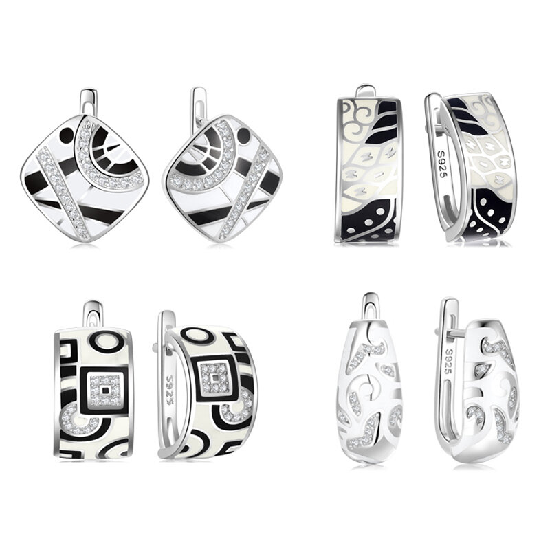 Trendy Originele 925 Zilveren Oorbellen Voor Vrouwen Zwart Wit Emaille Patroon Klassieke Oorbellen Zirconia Elegante Vrouwelijke Sieraden