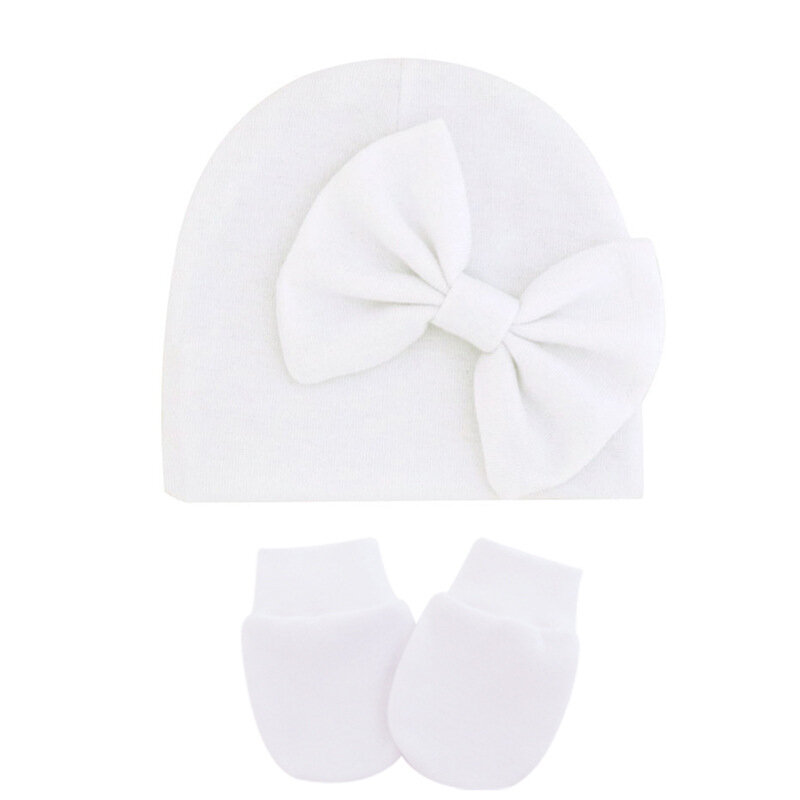 Autumn and Winter Soft Warm Infant Hat and Gloves Set Solid Color Bowknot Newborn Caps Baby Girls Anti-Grab Face Protect Mitten