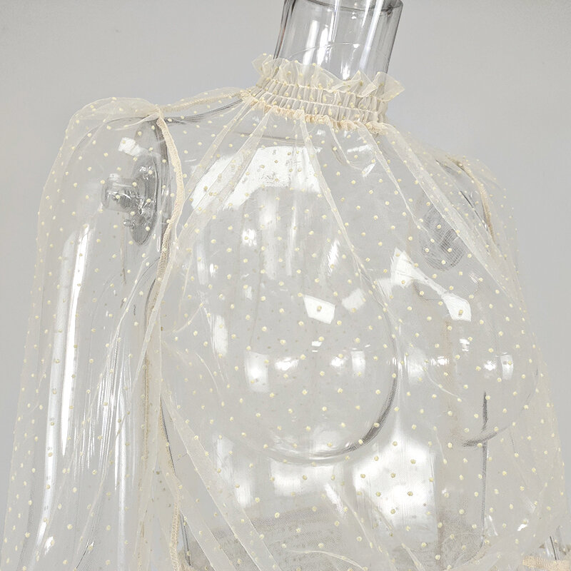 Женская прозрачная сетчатая блузка в горошек NewAsia, сексуальный эластичный кроп-топ с рукавами-фонариками, блузка с высоким воротником, вече...
