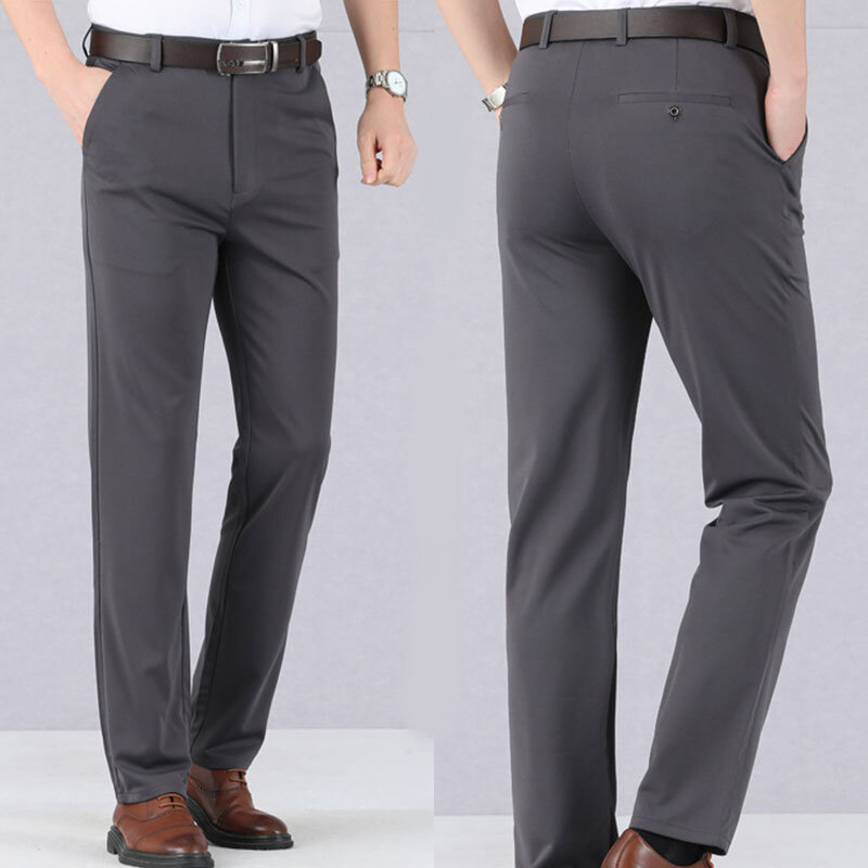 Pantalones completos ajustados y rectos para hombre, de Color sólido Pantalón de traje, cómodos, elásticos, con parte delantera plana, informales