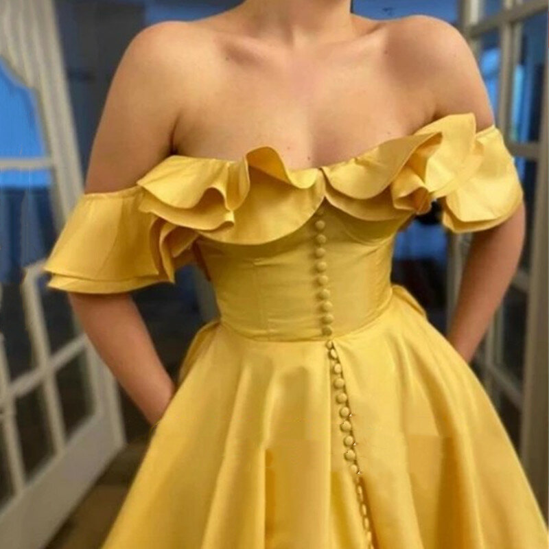 2021 Elegant Satijn Geel Off Shoulder Prom Dresses Boothals Avondjurken Button Verstoorde Taffeta Split Celebrity Party Dress