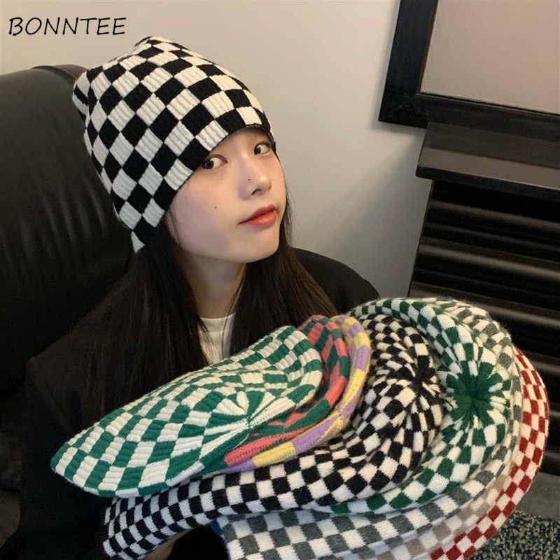 Skullies mulheres unisex inverno causal xadrez tricô chique moda quente all-match várias cores elegante acolhedor harajuku estilo coreano