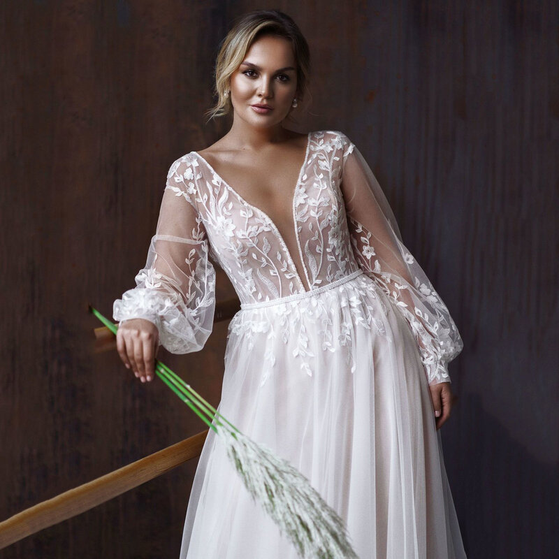Boho Brautkleider V-ausschnitt Lange Puff Sleeve EINE Linie Braut Kleid Applique Tüll Spitze Modest Vestidos De Novia