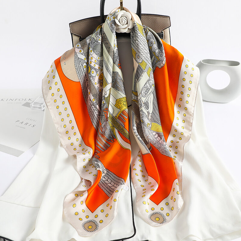 Foulard carré en soie satiné pour femmes, Hijab, Bandana, bandeau, châle, sac, cravate, couvre-chef, 90x90cm, 2021