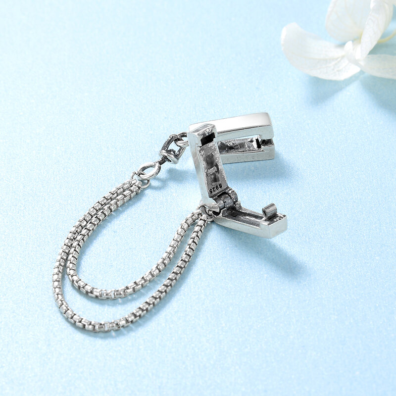 2019 moda 925 srebro kwadratowe klipsy łańcuch bezpieczeństwa koraliki Fit oryginalny odbicie klip Charm bransoletka biżuteria