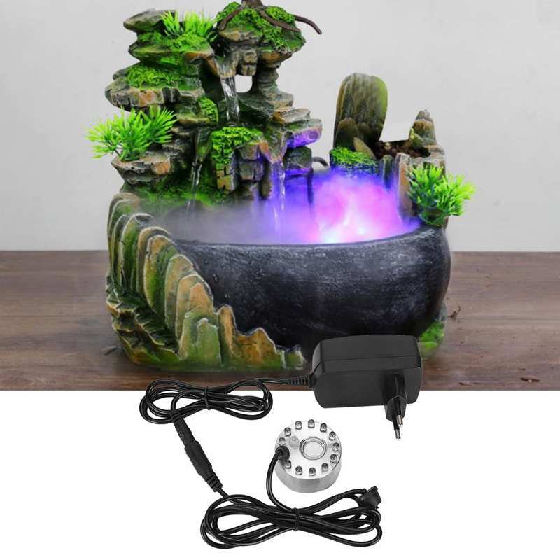 Mini Humidifier Mist Maker Fogger Water Fountain Pond Atomizer Fog Maker with 12 Lights Landscape Decoration