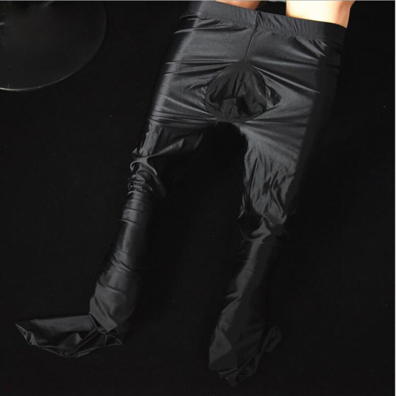 Sexy Oil Shine  Mens Ankle-length pants  pouch  open close  shaft smooth yoga dance pants