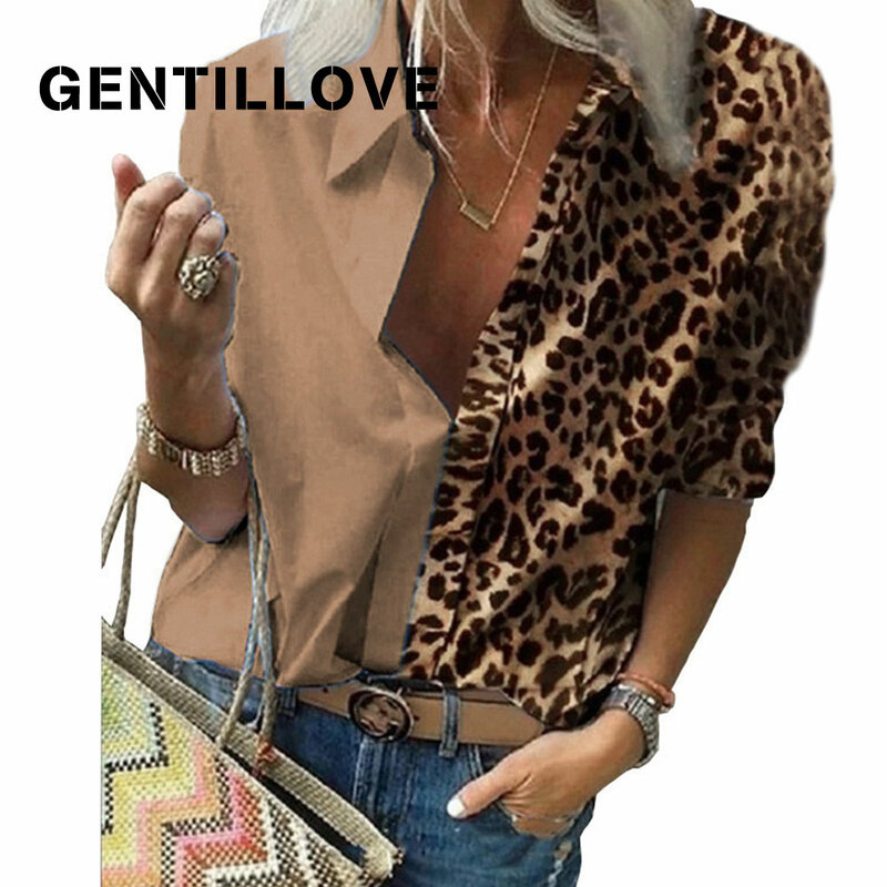 Eleganckie biuro Lady z długim rękawem koszule z klapą Vintage wzór w cętki Patchwork luźna z szyfonu bluzka damska bluzki typu Oversize Gentillove