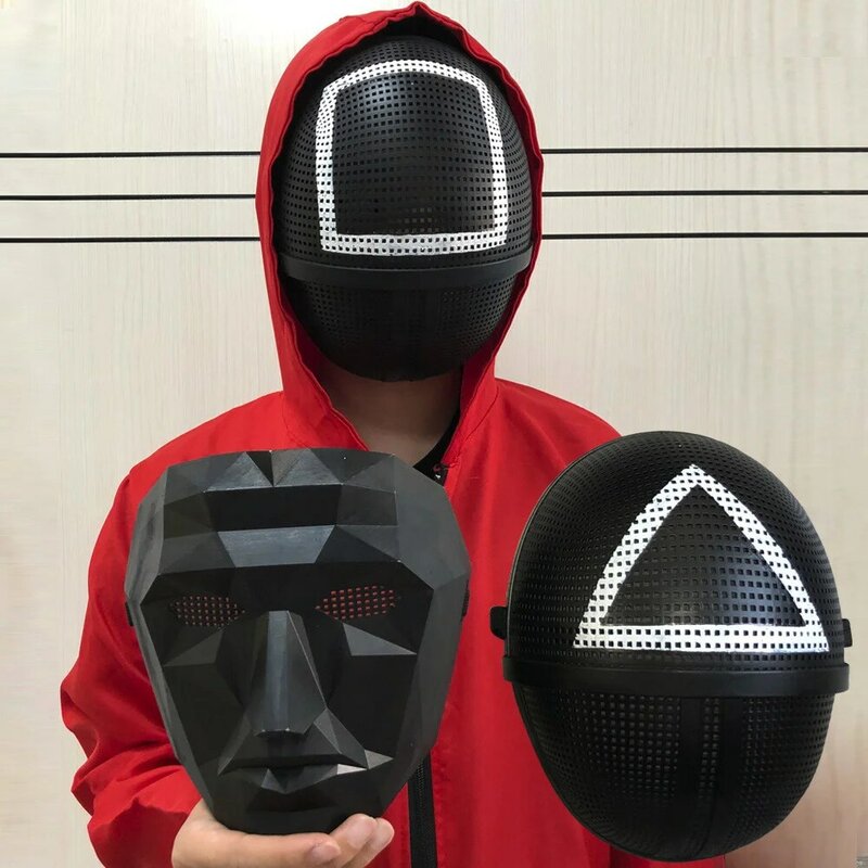 Jogo de lula tv máscara preta cosplay círculo redondo seis quadrado triângulo plástico capacete máscaras halloween masquerade festa traje adereços