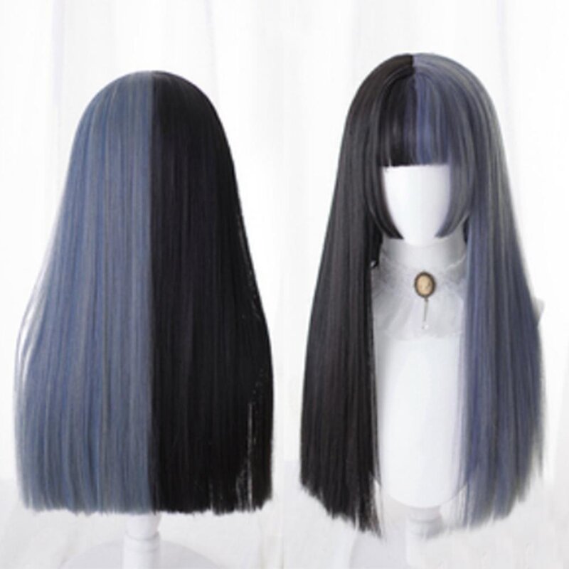 CosplayMix-peluca sintética para mujer, flequillo largo y recto de 60CM, negro mezclado, medio degradado, fiesta de Halloween, Anime Lolita, Cosplay + C