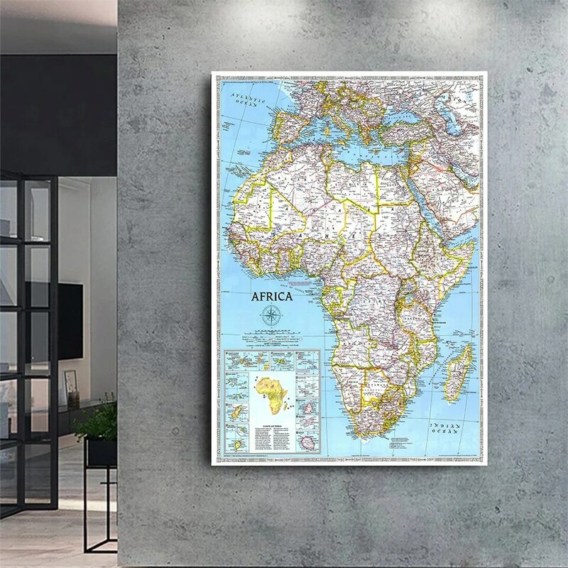 Mapa africano vintage de 100x150cm, pintura em tela não-tecida, pôster artístico para parede, decoração de casa e sala de estar 1990 cm