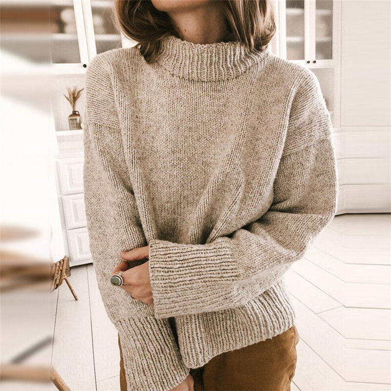 Sweter Wanita Musim Dingin Gaya Barat Kerah Setengah Panjang Warna Polos Kasual Longgar Pullover Mode Pakaian Wanita Kantor Tren 2021