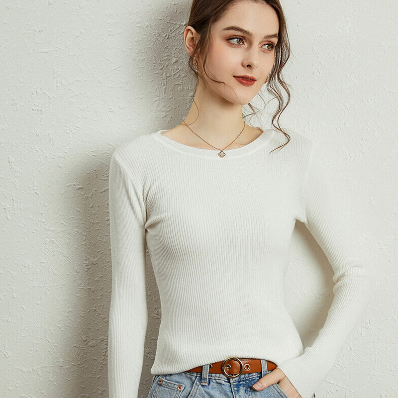Suéter de cuello redondo para mujer, Jersey ajustado de manga larga y cuello bajo, corto, color sólido, Otoño e Invierno