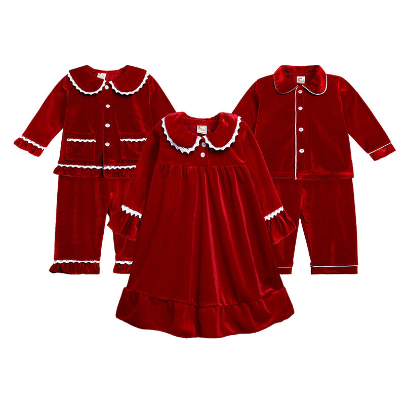 2021 Kids Kerst Kleding Set Winter Peuter Meisje Rode Ruche Sleep Suits Volledige Mouw Solid Fluwelen Zachte Jongens Pyjama Nachtkleding