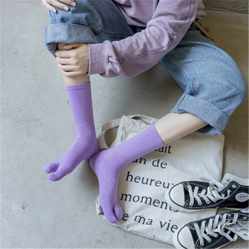 無地ハイソックスガールルース固体色ダブル針綿の靴下女性足袋靴下面白いセット