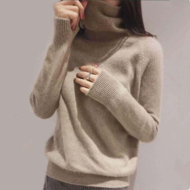 Suéter feminino com gola alta de caxemira, blusão de tricô plus size para outono e inverno 2020