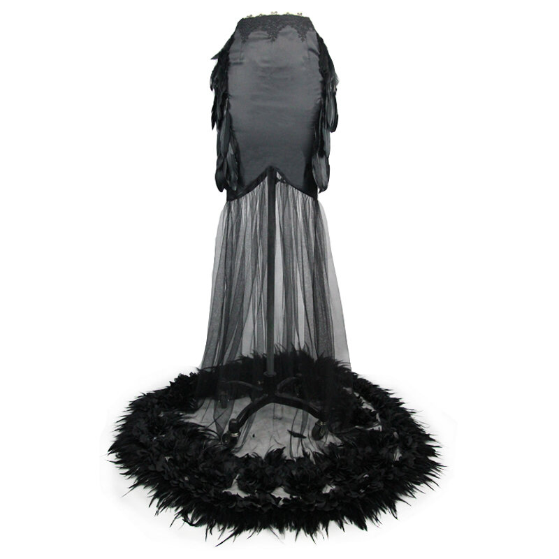 Gothic Floor-Length Long Women Skirts Black Trumpet Party Skirts See-Through Feathers Skirts Halloween Cosplay Costumes