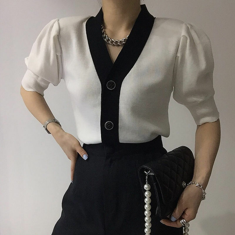 Koreanische Frauen Sommer Und Herbst Französisch V-ausschnitt Spleißen einreihige schnalle casual Lady Gestrickte strickwaren top Strickjacke