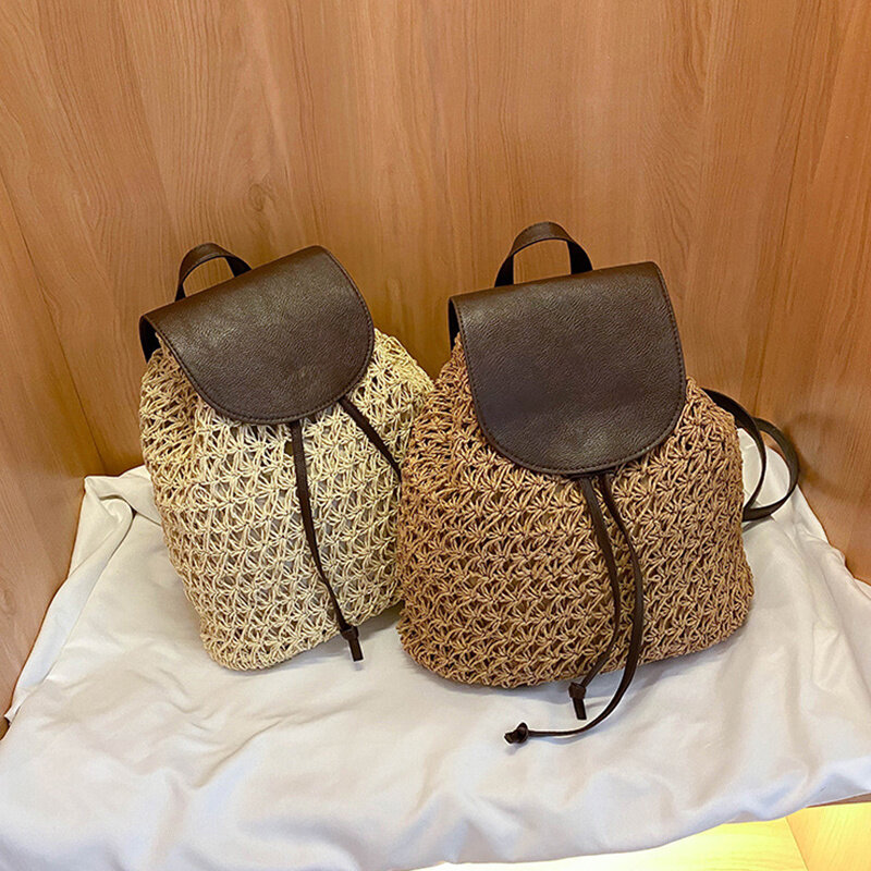 Женский Плетеный рюкзак на шнурке, модная пляжная соломенная вместительная сумка-тоут на ремне для путешествий, на лето