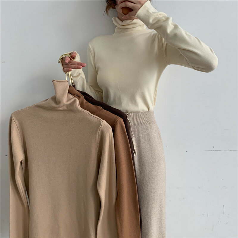 Yikonky Sweater Turtleneck Wanita Musim Gugur 2021 Pullover Atasan Vintage Musim Dingin Baju Lembut Elastis Ramping Coklat Hitam Putih Baru