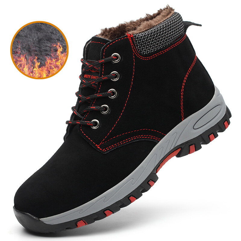 Water-Proof Men's Winter Boots Men Shoe Steel Toe Safety Work Shoes Men Puncture-Proof Suede Leather Work Boots Plush Warm Shoes