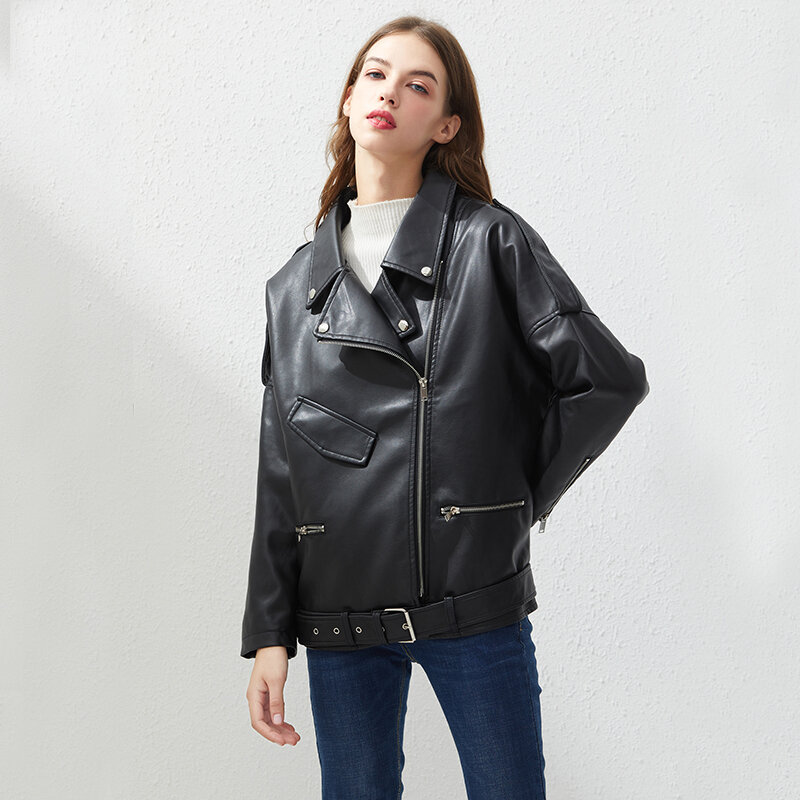 2021Faux skórzana kurtka kobiety luźne skrzydła Casual kurtki motocyklowe znosić bluzki damskie w stylu BF czarna skórzana kurtka płaszcz