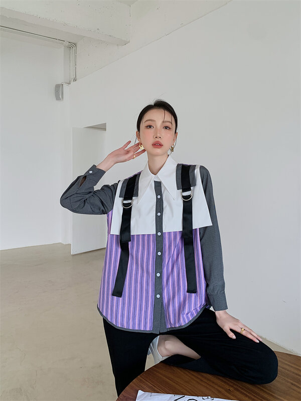 2021 nowych moda fala kobiet jesienna koszula Chic łączenie Patchwork pasek pasek bluzka Mujer Street koszule Ins