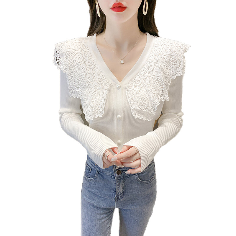 2021 Autumn and Winter New Sweet Lace Ruffled V-neck College Short Korean Knitted Cardigan Jacket Women Single-breasted Sweater